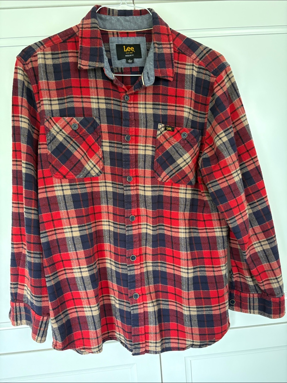 LEE Red and Navy Plaid Button-Down Flannel Shirt